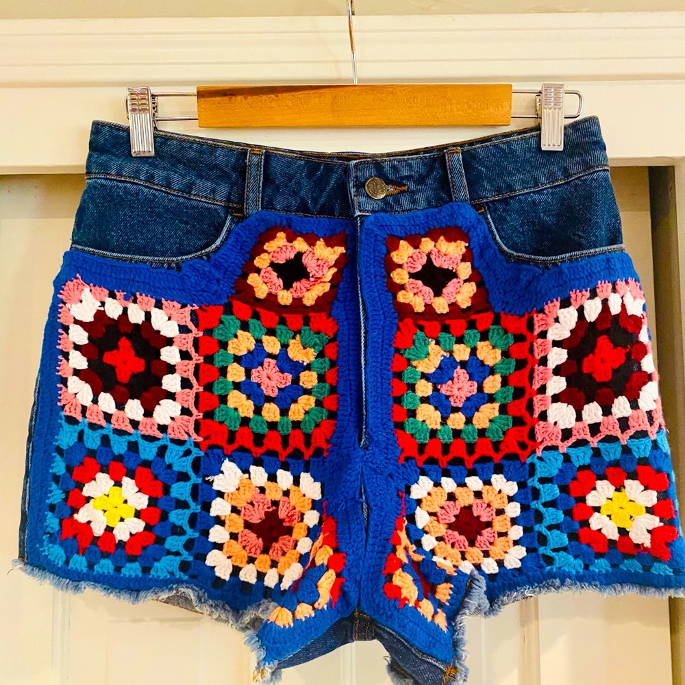 Farm Rio for Anthropologie crochet denim shorts